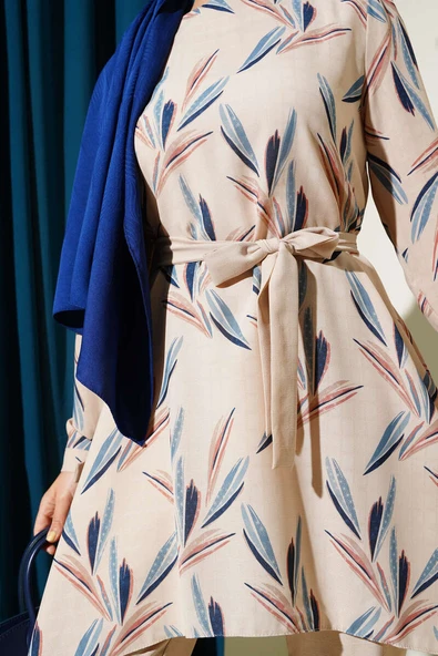 Desenli Kuşaklı Tunik İkili Takım Mavi - Resim 4