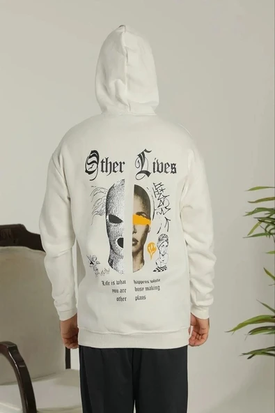 Kadın Oversize Üç İplik Şardonlu Kapüşonlu Sweatshirt – Beyaz “Other Lives” Ön ve Arka Baskılı, Kanguru Cepli, Ribanalı ürün görseli 1