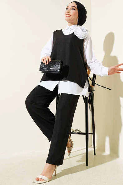 Yan İpli Yelekli Üçlü Takım Siyah ürün görseli 1