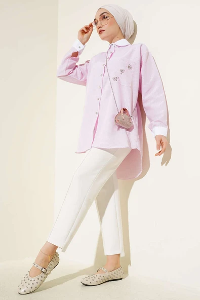 Cep Taşlı İnce Çizgili Gömlek Pembe - Resim 2