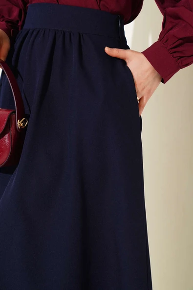 Bel Fermuarlı Cepli Kloş Etek Lacivert - Resim 4