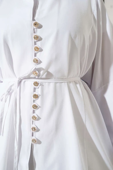 Taşlı Brit Düğmeli Terikoton Gömlek Beyaz - Resim 4