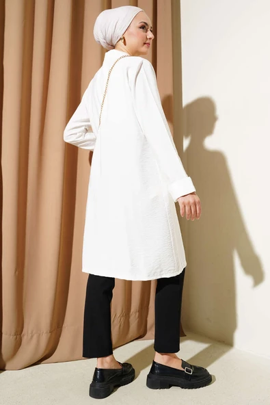 Önü Açık Cepli Hırka Beyaz - Resim 3