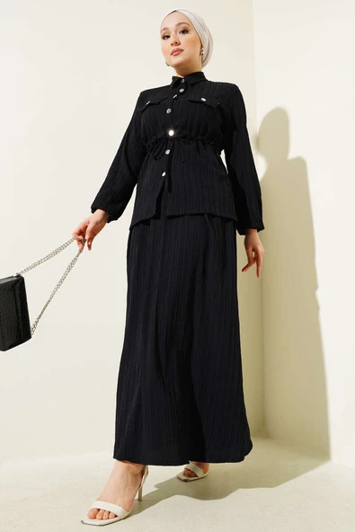 Çıtçıt Düğmeli Bel Tünelli Etekli İkili Takım Siyah ürün görseli 1