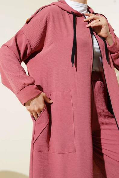 Omuz Apoletli Uzun Hırkalı Ayrobin İkili Takım Gül Kurusu - Resim 4