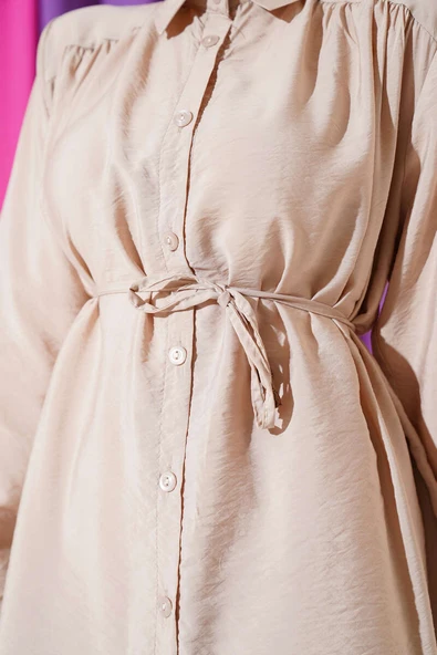 Büzgülü İp Kuşaklı Basic İkili Takım Bej - Resim 4