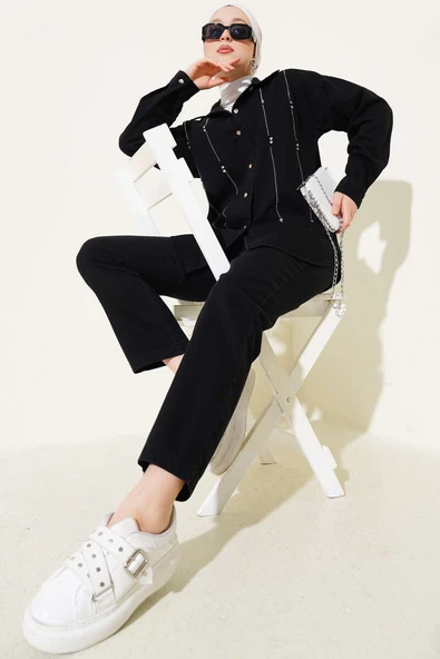 Sıra Taşlı Kot İkili Takım Siyah ürün görseli 1