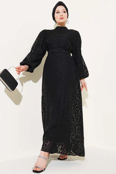 Balon Kol Kendinden Desenli Elbise Siyah