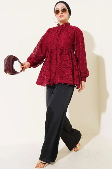 Brodeli Önü Düğmeli Gömlek Bordo - Resim 2