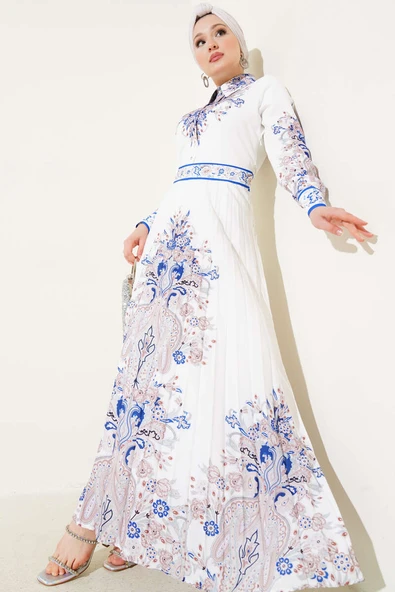Otantik Desen Etek Pileli Elbise Beyaz