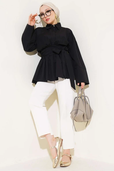 Kuşak Büzgülü Yarım Düğmeli Tunik Siyah - Resim 2