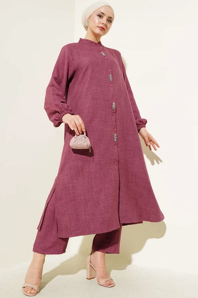 Taş Süslemeli Uzun Tunikli İkili Takım Burgonya ürün görseli 1