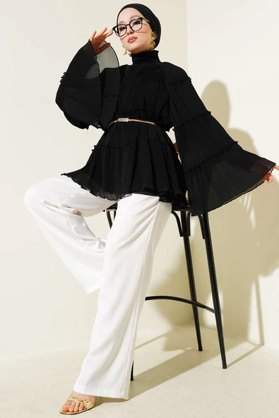 Pliseli Kat Kat Salaş Tunik Siyah - Resim 2