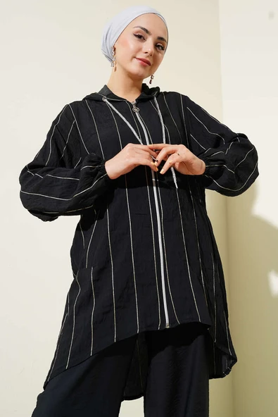 Sim Çizgili Kapüşonlu İkili Takım Siyah - Resim 2