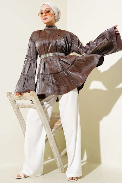 Parlak Kat Kat Tunik Kahve - Resim 2