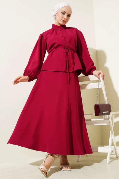 İp Kuşaklı Düğmeli Etekli İkili Takım Bordo ürün görseli 1