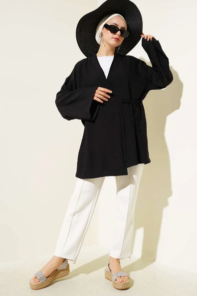 Yandan Çift İp Bağlamalı Kimono Siyah - 2