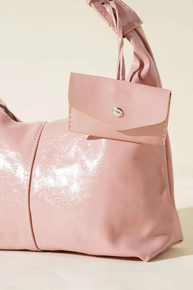 Bozuk Para Cüzdanlı Rugan Çanta Pudra - Resim 3