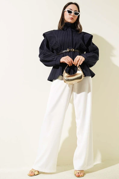 Çizgili Omuz Apoletli Kemerli Ceket Lacivert - Resim 2