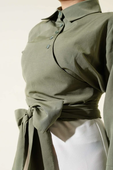 Çapraz Düğmeli Bağlamalı Kısa Gömlek Haki - Resim 4