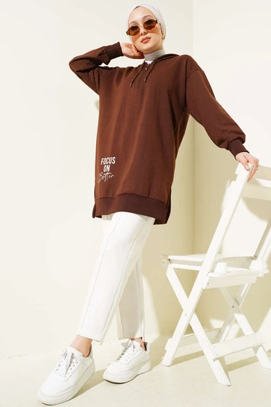 Kapüşonlu Yarım Fermuarlı Baskılı Tunik Kahve - Resim 2