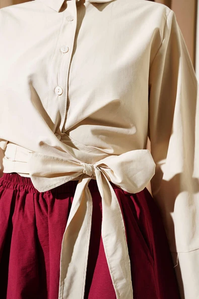 Belden Bağlamalı Kısa Gömlek Bej - Resim 4