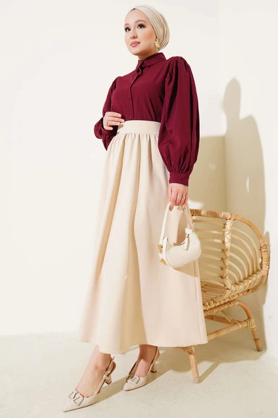 Bel Fermuarlı Cepli Kloş Etek Bej - Resim 2