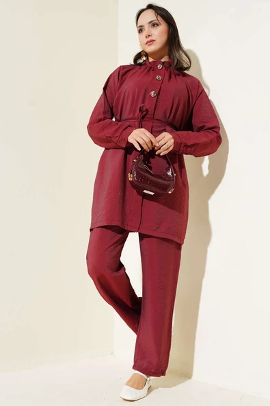 Önü Fermuarlı Kuşaklı İkili Takım Bordo ürün görseli 1