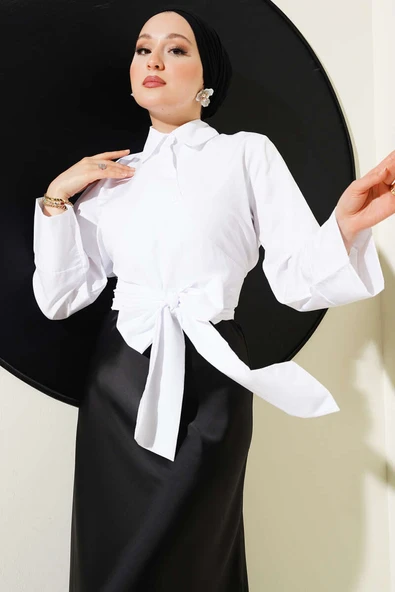 Çapraz Düğmeli Bağlamalı Kısa Gömlek Beyaz ürün görseli 1