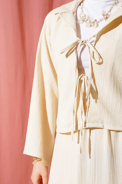 Kruvaze Yaka Ağaç Kabuğu Etekli Takım Bej - Resim 4