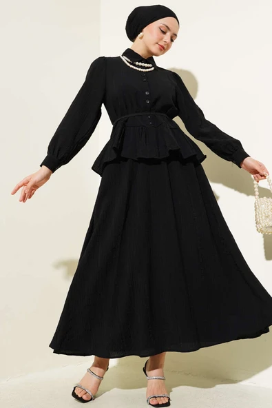 Düğmeli Fırfırlı Etekli İkili Takım Siyah ürün görseli 1