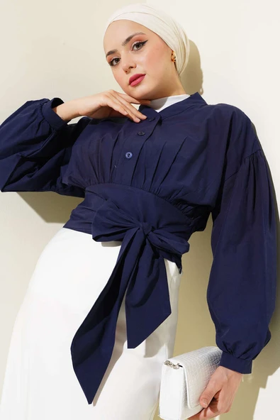 Yarım Düğmeli Bağlamalı Kısa Gömlek Lacivert ürün görseli 1