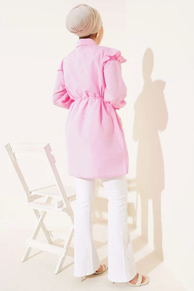 Omuz Fırfırlı Şeritli Kuşaklı Gömlek Pembe - Resim 3