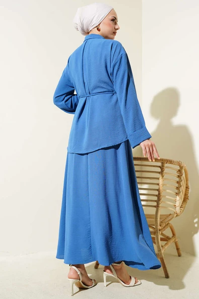 Parça Detaylı Kuşaklı Etekli Ayrobin Takım İndigo - Resim 3