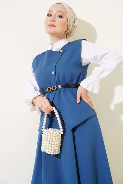 Çapraz Gold Düğmeli Etekli İkili Takım İndigo - Resim 2