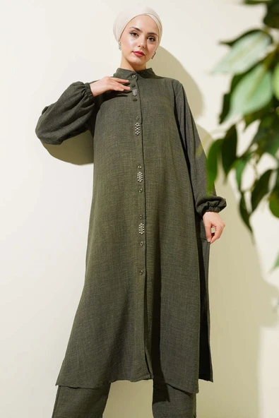 Taş Süslemeli Uzun Tunikli İkili Takım Haki - Resim 2