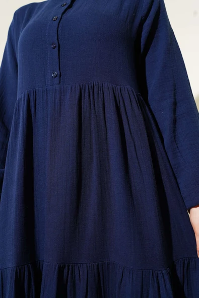Yarım Düğmeli Hakim Yaka Müslin Elbise Lacivert - Resim 4
