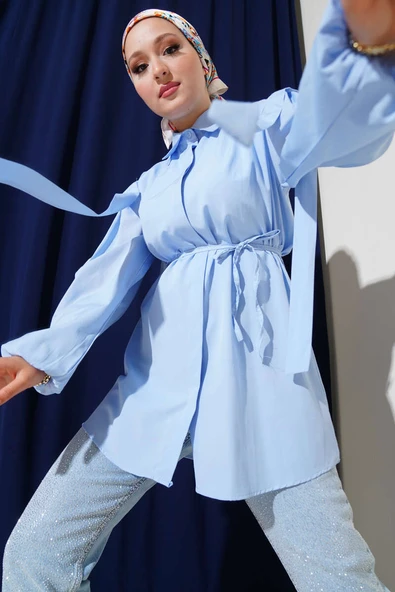 İp Kuşaklı Omuz Pelerinli Gömlek Bebe Mavi ürün görseli 1