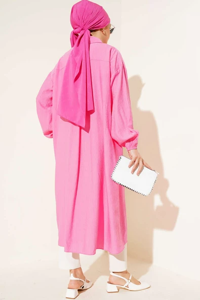 Tahta Düğmeli Uzun Tunik Pembe - Resim 3