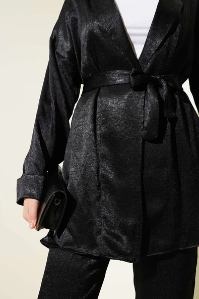 Kuşaklı Kırışık Saten İkili Takım Siyah - Resim 4