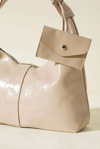 Bozuk Para Cüzdanlı Rugan Çanta Bej - Resim 3