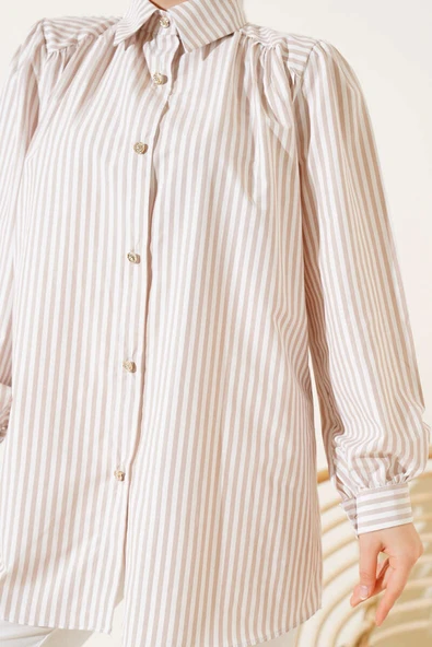 Omuz Büzgülü Çizgili Gömlek Latte - Resim 4