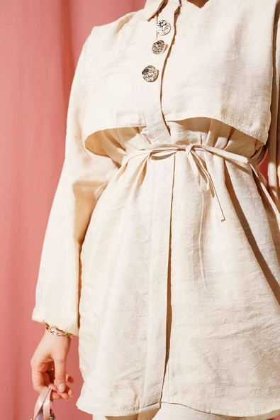 Bolerolu Gold Düğmeli İkili Takım Bej - Resim 4