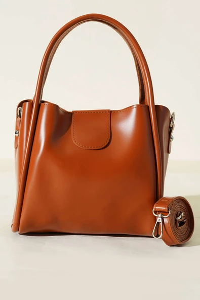 Fermuarlı Üç Bölmeli Kol Çanta Taba - Resim 2