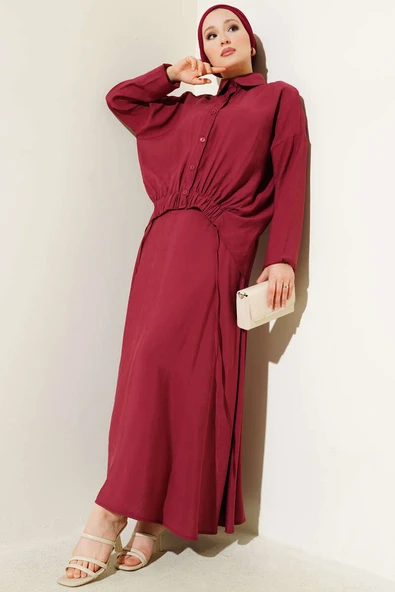 Lastik Detaylı Etekli İkili Takım Bordo ürün görseli 1