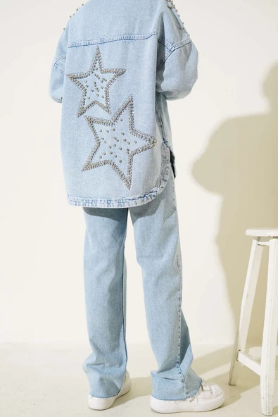 Paçası Püsküllü Palazzo Kot Pantolon Kar Açık - Resim 3