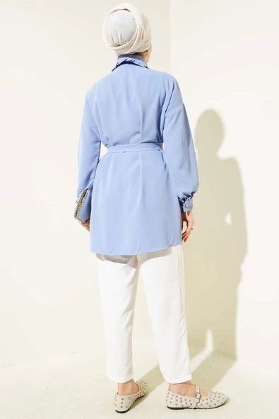 Fırfırlı Bebe Yaka Kuşaklı Gömlek Mavi - Resim 3