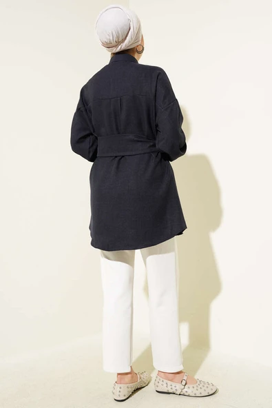 Kendinden Geniş Kuşaklı Gömlek Lacivert - Resim 3