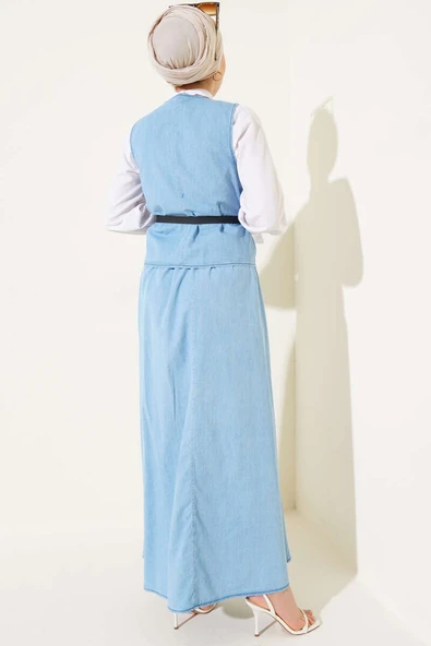 Çapraz Düğmeli Kemerli Etekli Kot Takım Buz Mavisi - Resim 3