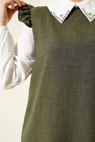 Yaka Taşlı Gömlek Garnili İkili Takım Haki - Resim 4